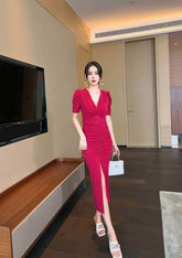 Short Sleeve Front Slit Ruched Belted Dress S / DeepPink